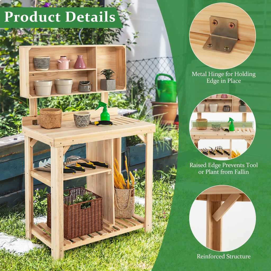 Garden Wooden Potting Table Workstation with Storage Shelf, view 8