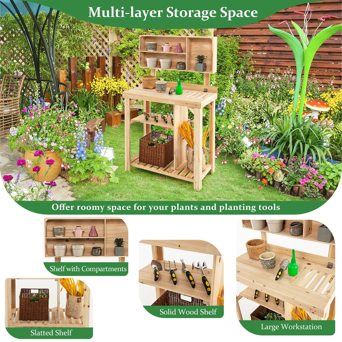 Garden Wooden Potting Table Workstation with Storage Shelf, view 6