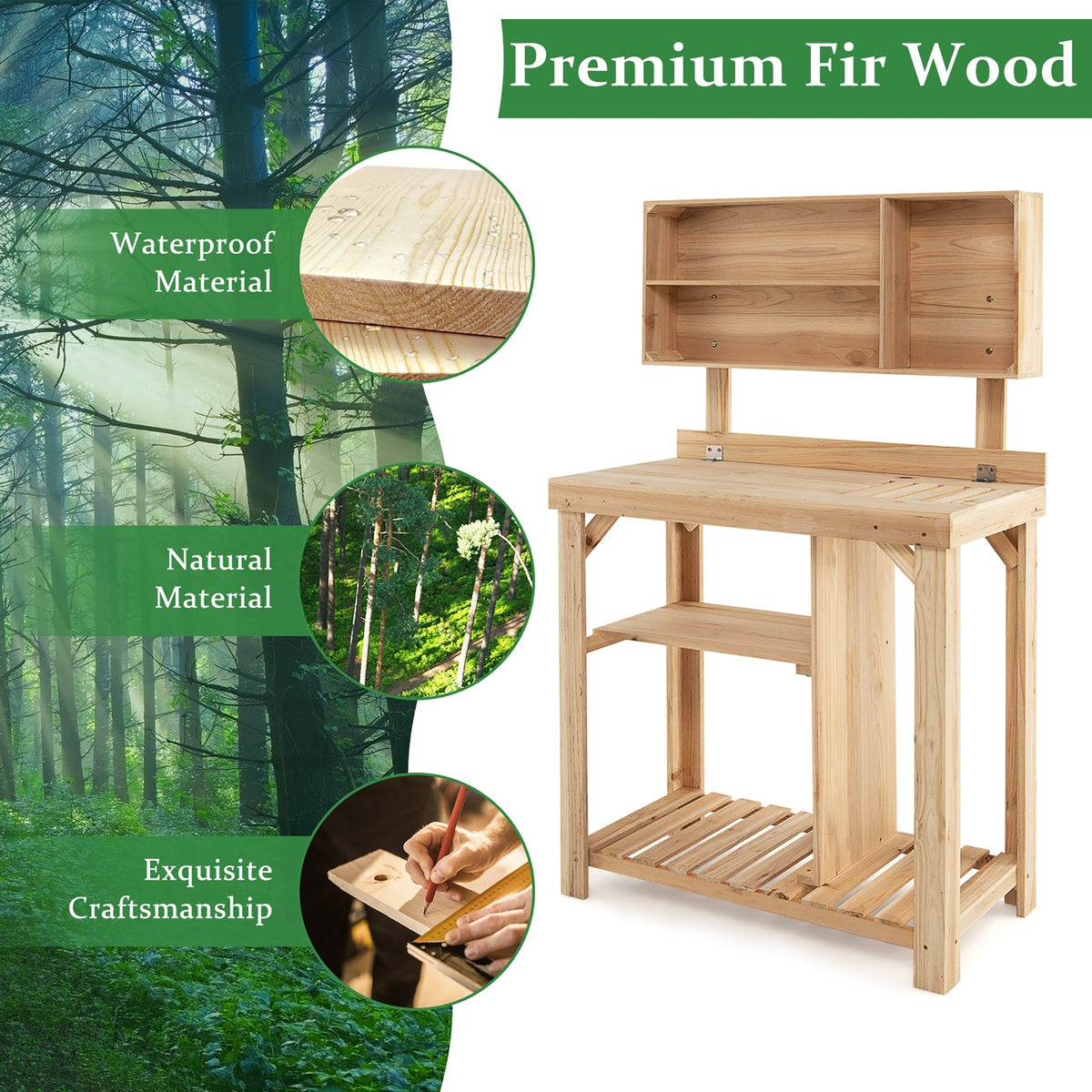 Garden Wooden Potting Table Workstation with Storage Shelf, view 7