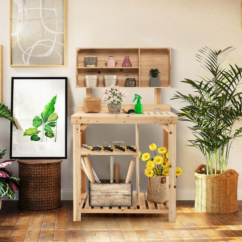 Garden Wooden Potting Table Workstation with Storage Shelf, view 2