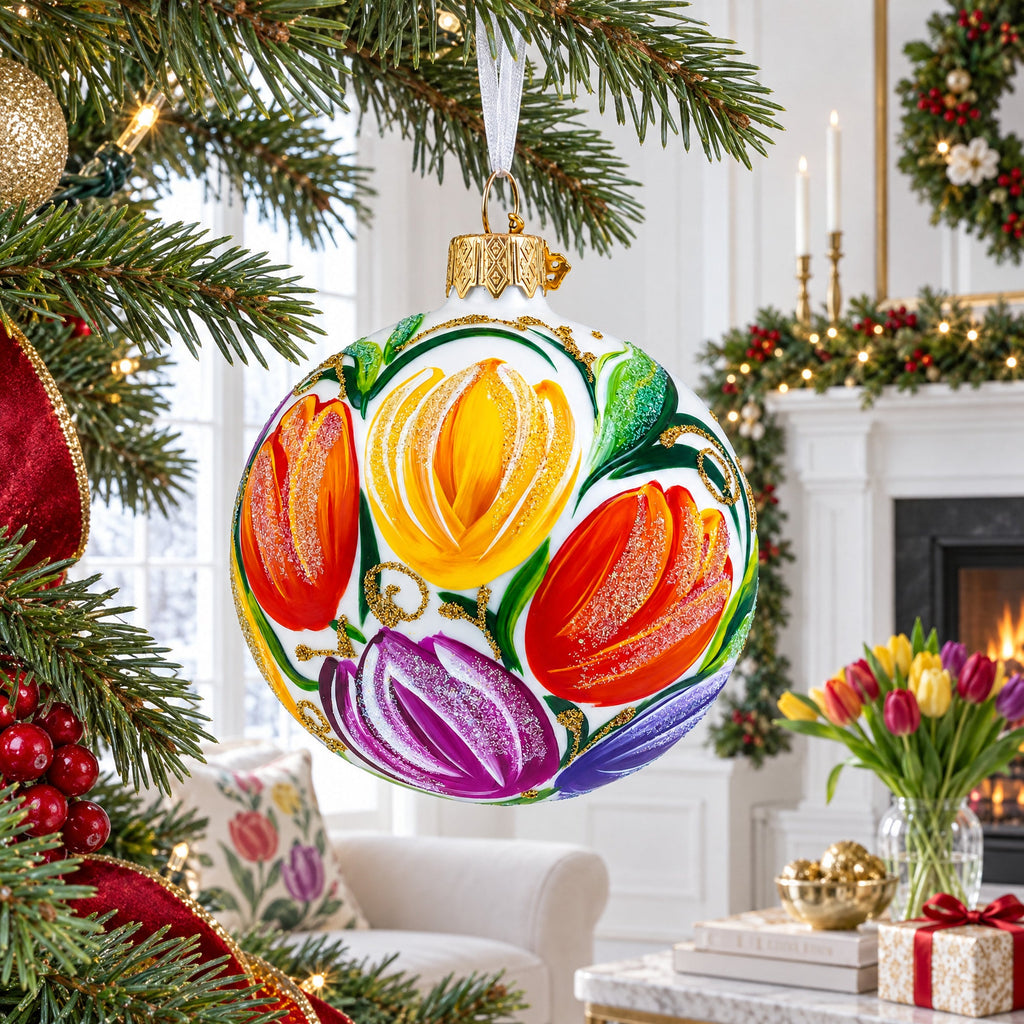 Tulip Bouquet on White Glass Ball Christmas Ornament 3.25 Inches, view 2
