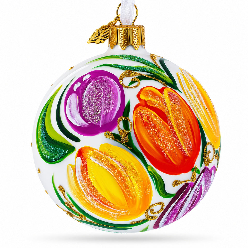 Tulip Bouquet on White Glass Ball Christmas Ornament 3.25 Inches, view 5