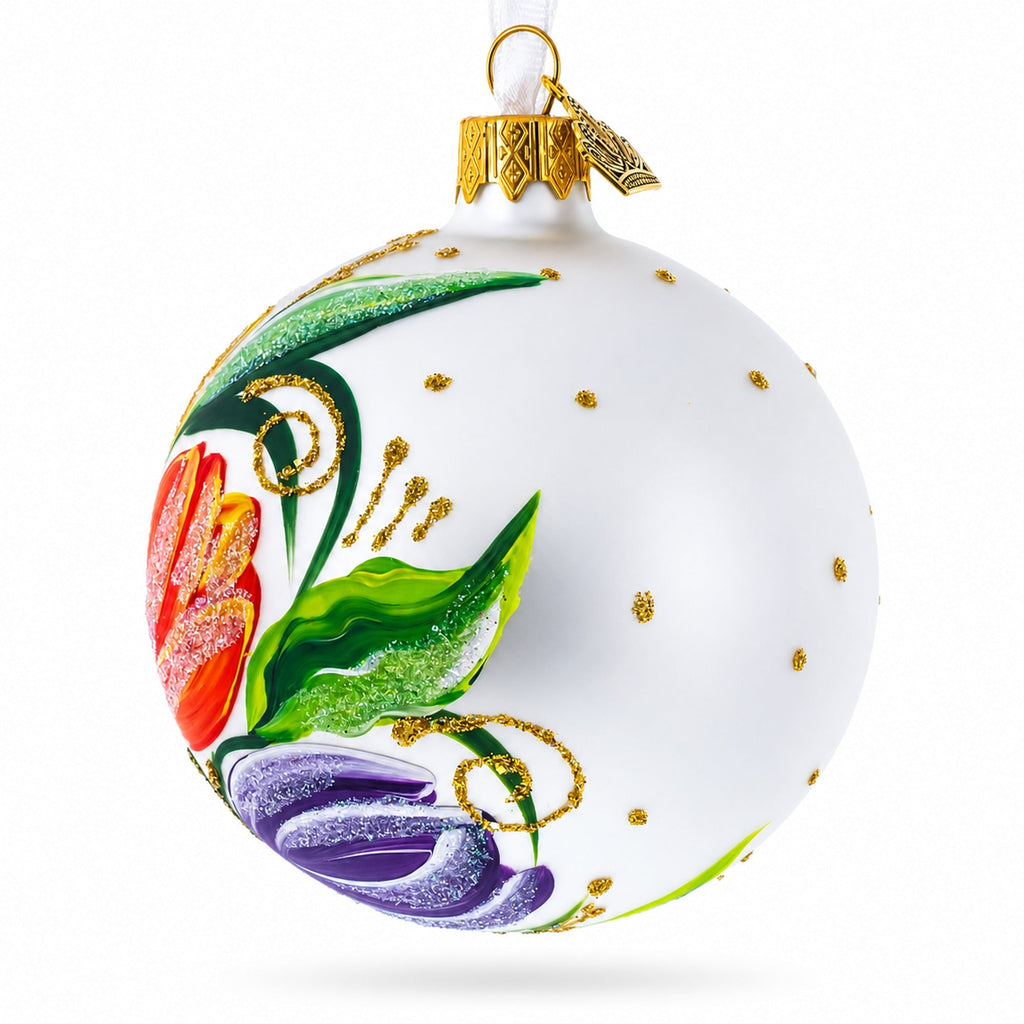 Tulip Bouquet on White Glass Ball Christmas Ornament 3.25 Inches, view 4