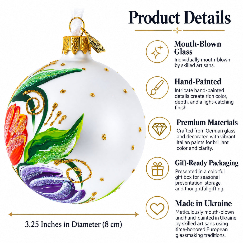 Tulip Bouquet on White Glass Ball Christmas Ornament 3.25 Inches, view 3