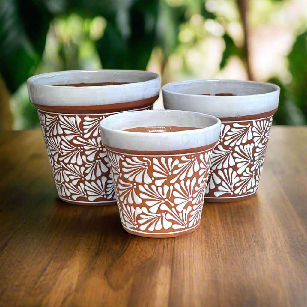 Set of 3 Talavera Flower Pots | Brown & White Terracotta Planters, view 2