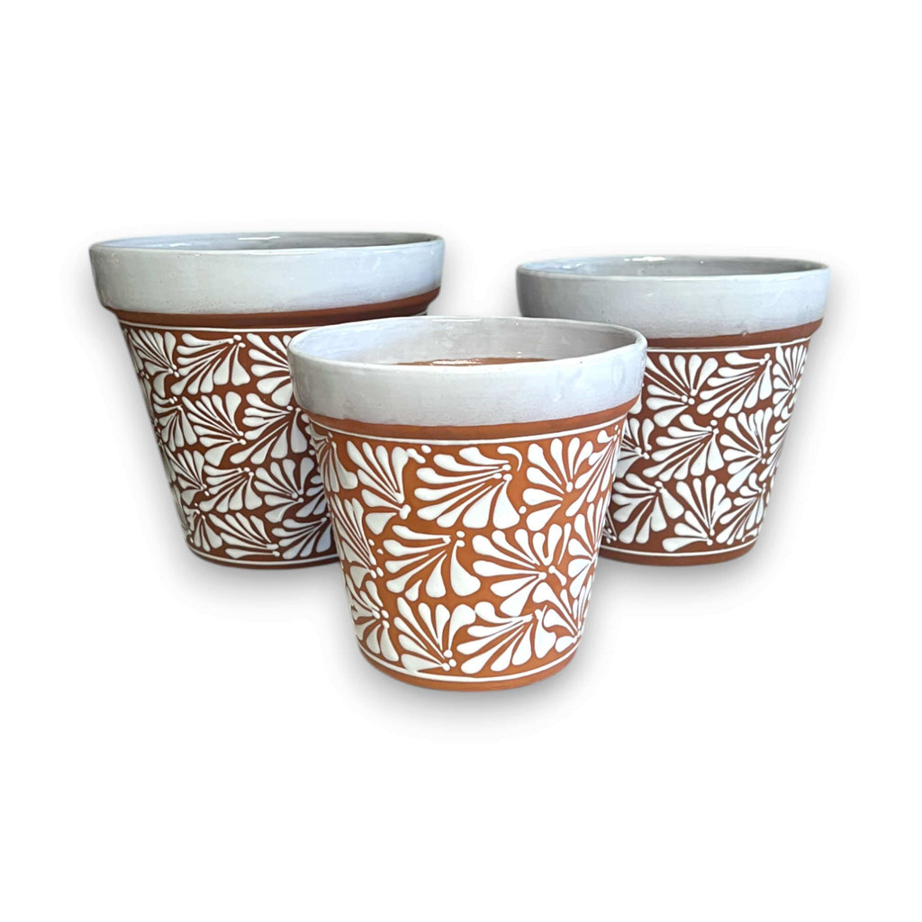Set of 3 Talavera Flower Pots | Brown & White Terracotta Planters, view 5