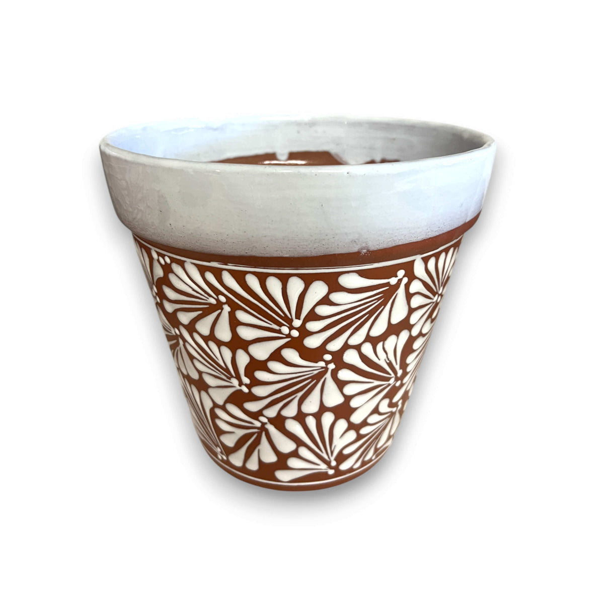 Set of 3 Talavera Flower Pots | Brown & White Terracotta Planters, view 3