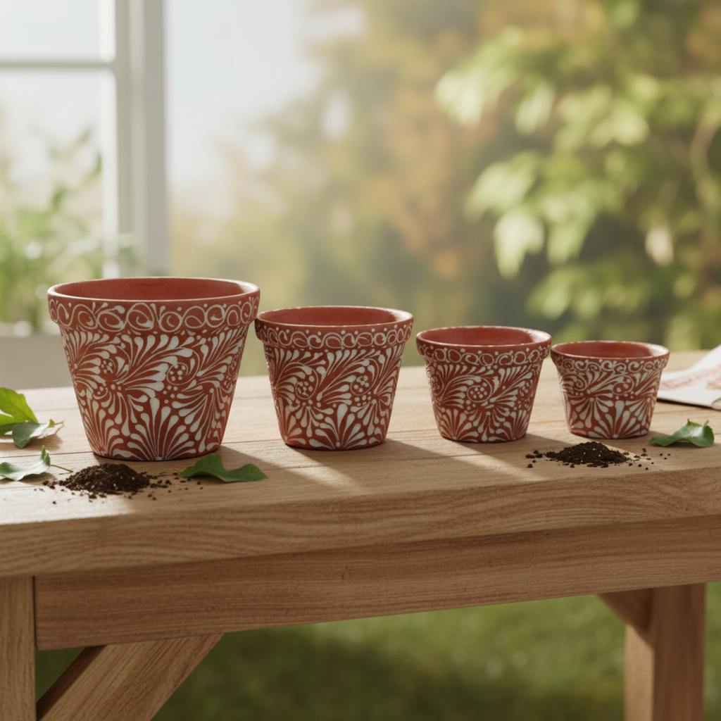 Set of 4 Talavera Flower Pots | Brown & White Terracotta Planters, view 2