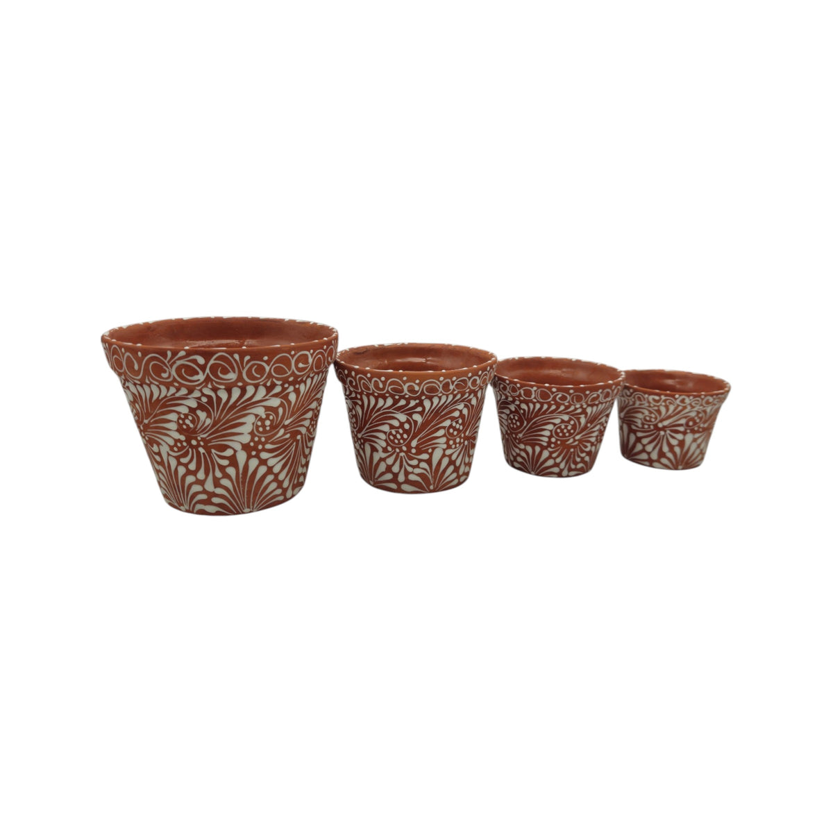 Set of 4 Talavera Flower Pots | Brown & White Terracotta Planters, view 3