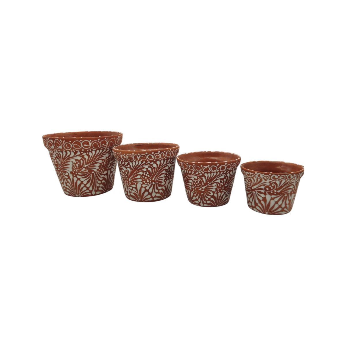 Set of 4 Talavera Flower Pots | Brown & White Terracotta Planters, view 4