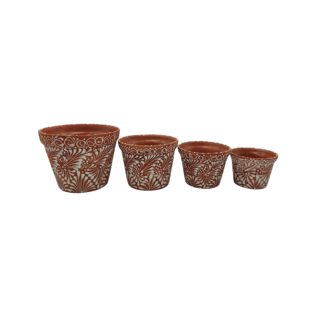 Set of 4 Talavera Flower Pots | Brown & White Terracotta Planters, view 5