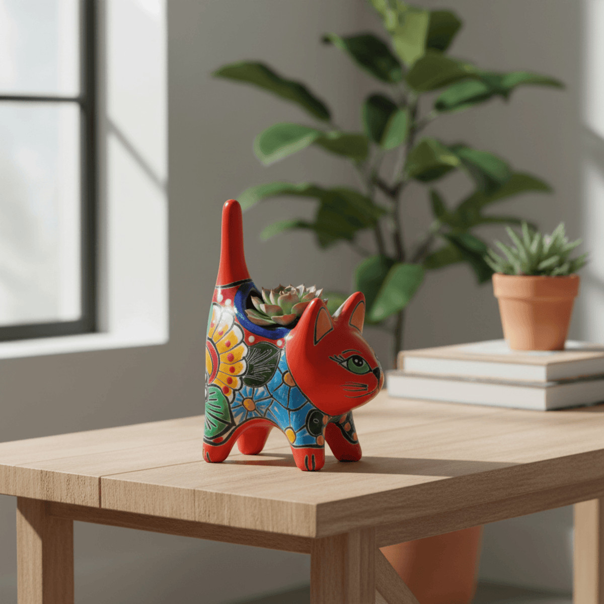 Small Talavera Cat Planter | Colorful Mexican Ceramic Decor, view 2