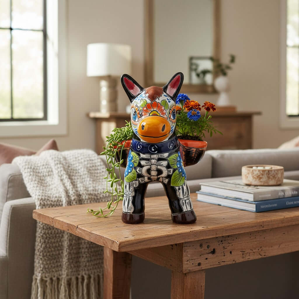 Talavera Donkey Planter | Colorful Day of the Dead Art, view 3
