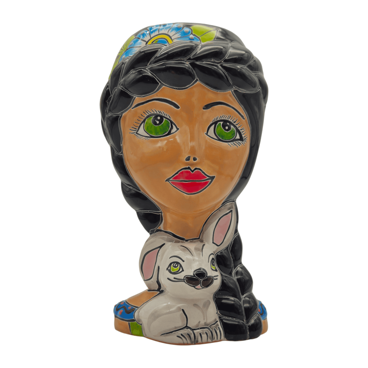 Talavera Lady & Bunny Planter | Colorful Mexican Decor, view 4