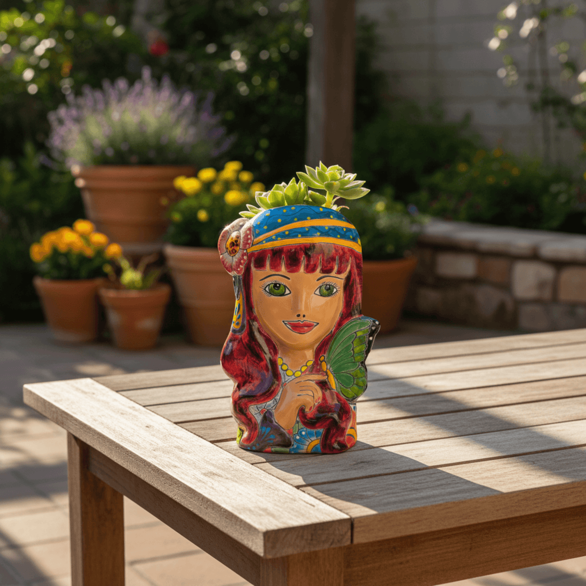 Talavera Lady Head Planter | Butterfly Design, view 2