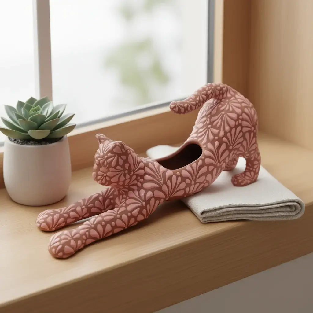 Talavera Terracotta Cat Planter | Stretching Design, view 2