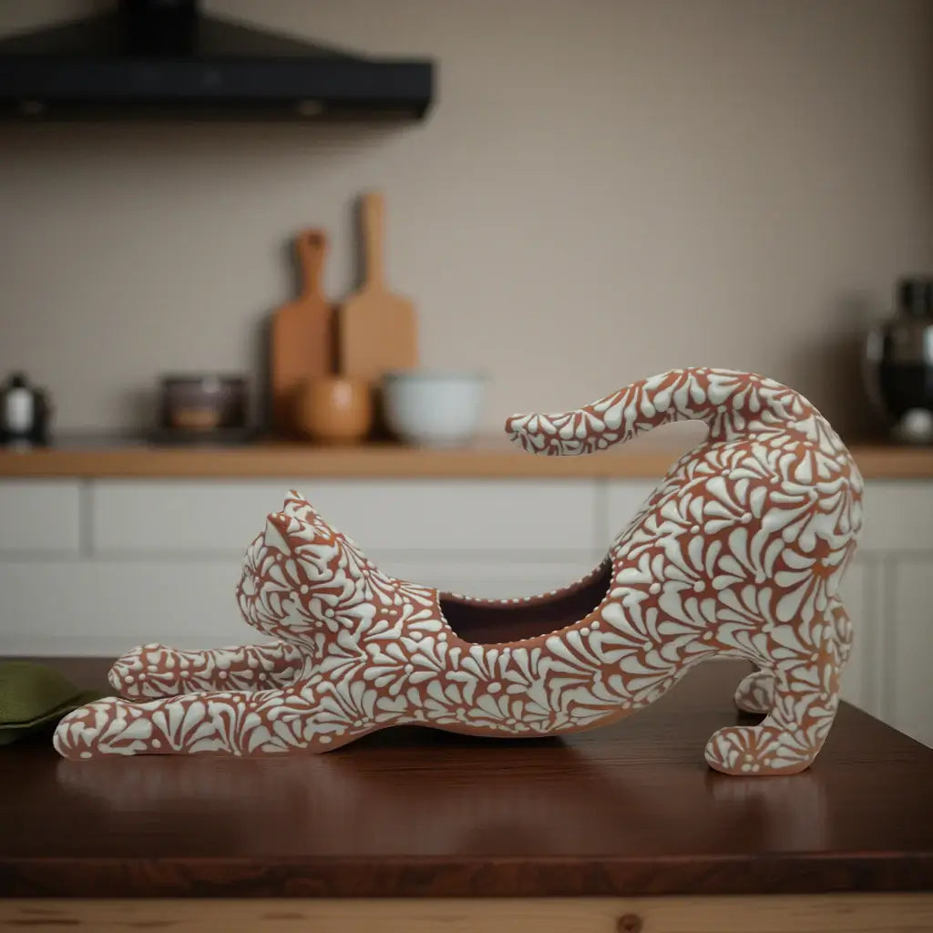 Talavera Terracotta Cat Planter | Stretching Design, view 3