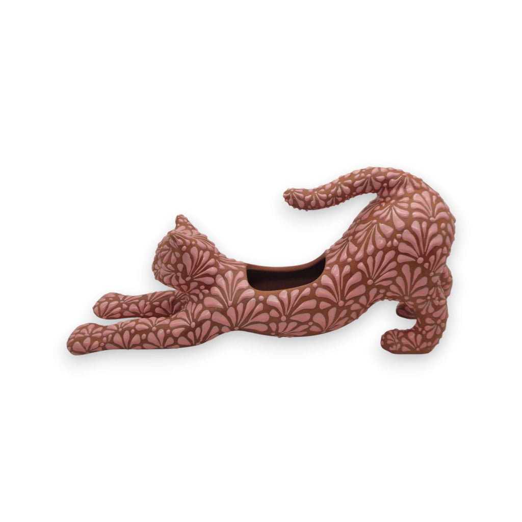 Talavera Terracotta Cat Planter | Stretching Design, view 6