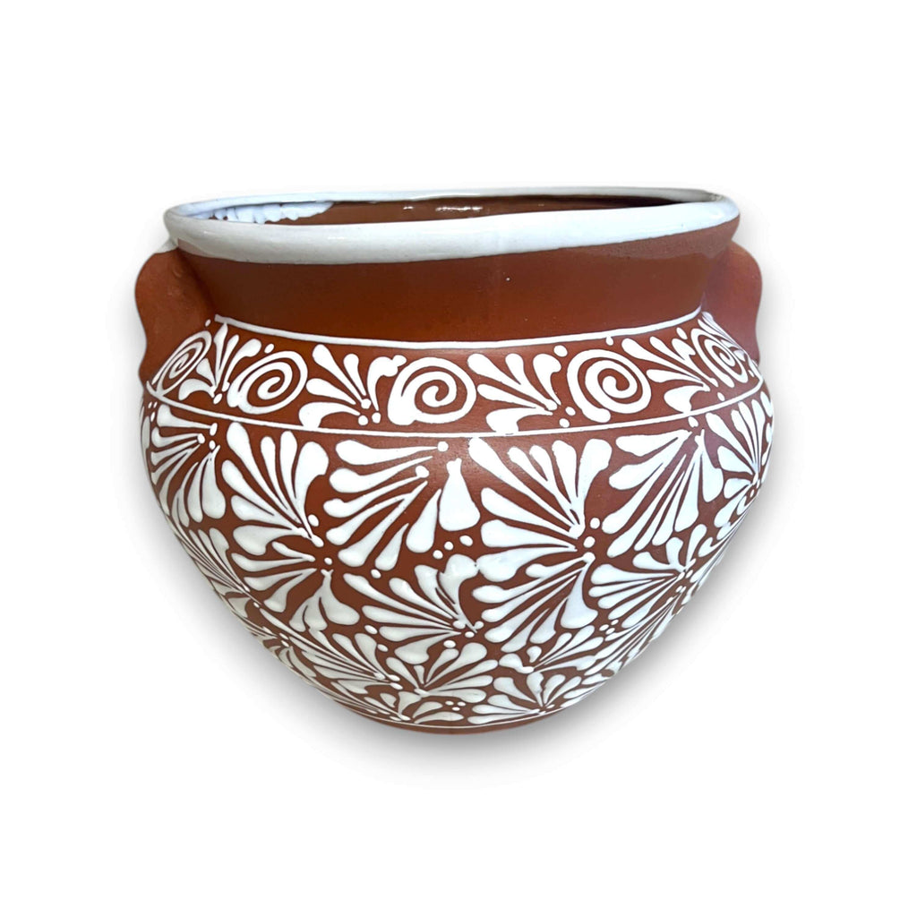 Terracotta Talavera Flower Pot | Brown & White Mexican Planter, view 5