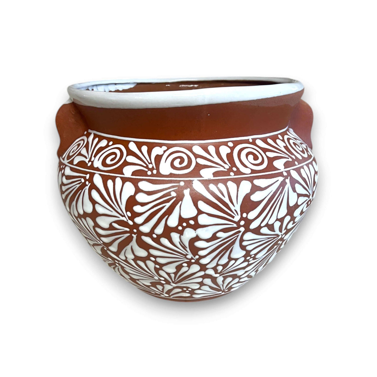 Terracotta Talavera Flower Pot | Brown & White Mexican Planter, view 5