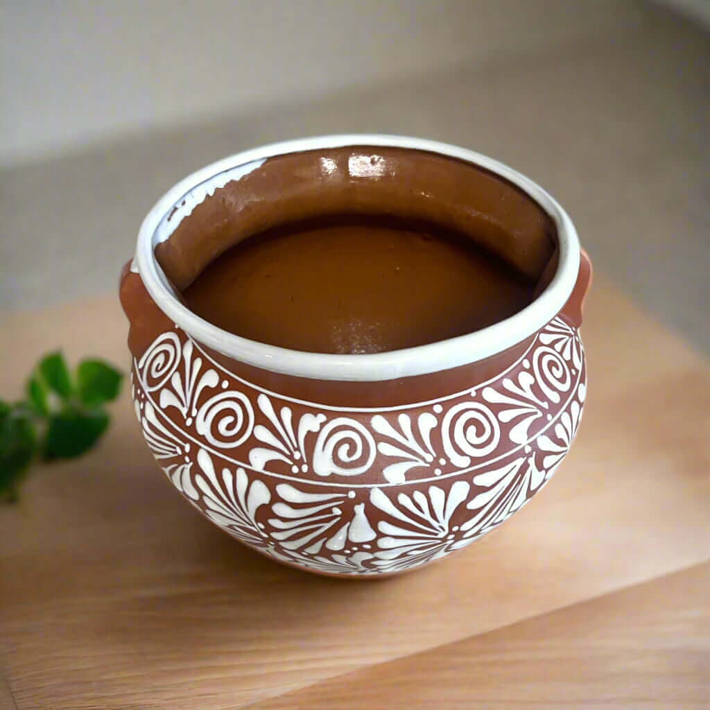 Terracotta Talavera Flower Pot | Brown & White Mexican Planter, view 2