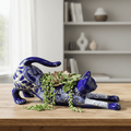 Blue Talavera Stretching Cat Planter | Mexican Folk Art Decor