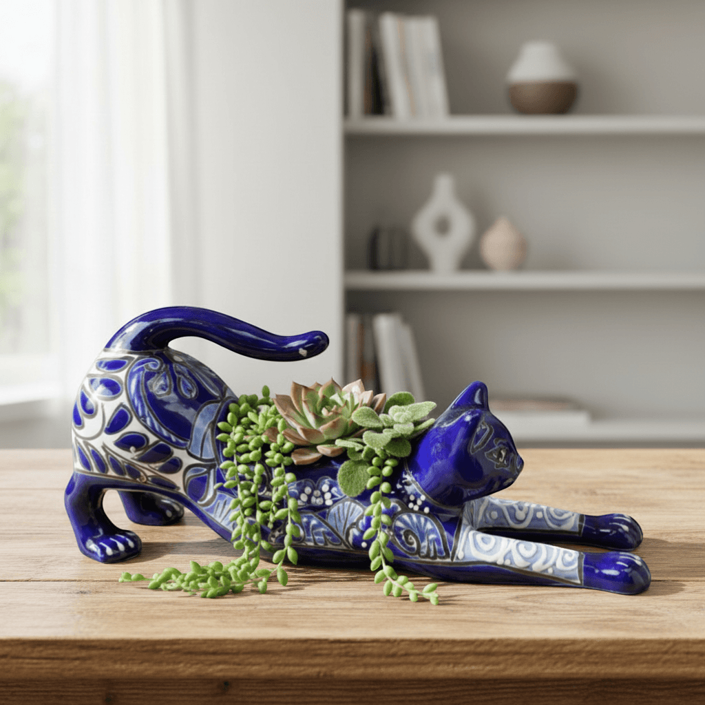 Blue Talavera Stretching Cat Planter | Mexican Folk Art Decor