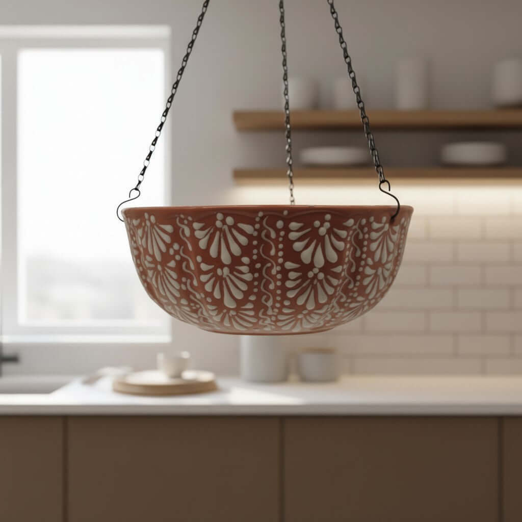 Brown & White Talavera Hanging Planter | Mexican Ceramic Pot, view 3