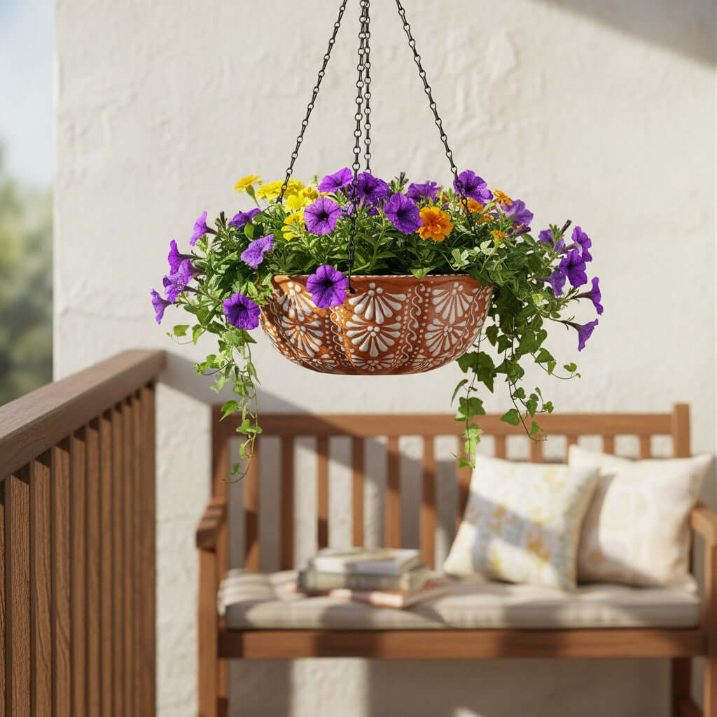 Brown & White Talavera Hanging Planter | Mexican Ceramic Pot, view 2