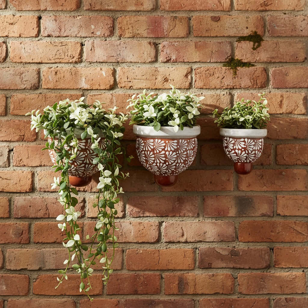 Set of 3 Talavera Wall Planters | Brown & White Floral Design, view 3