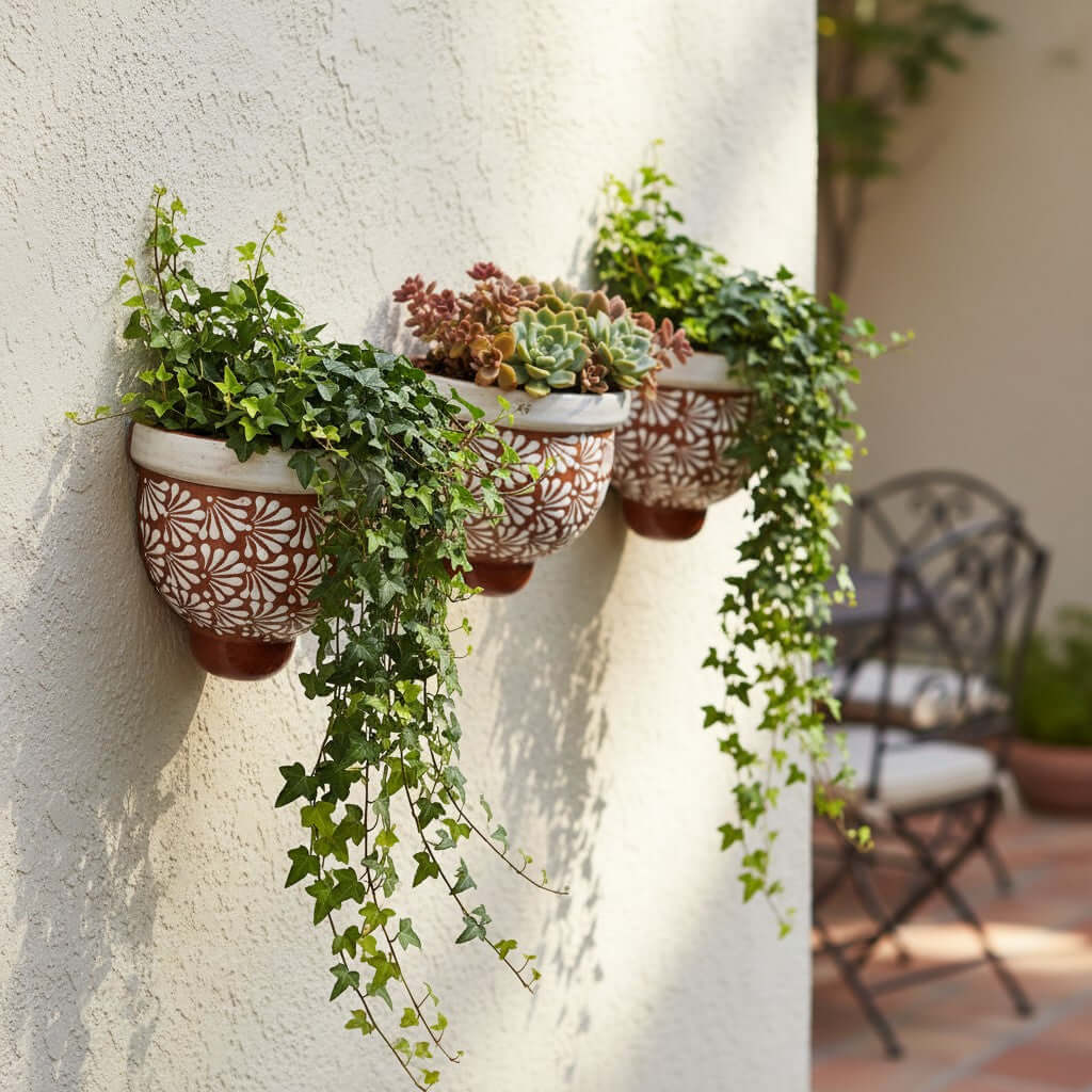 Set of 3 Talavera Wall Planters | Brown & White Floral Design, view 2