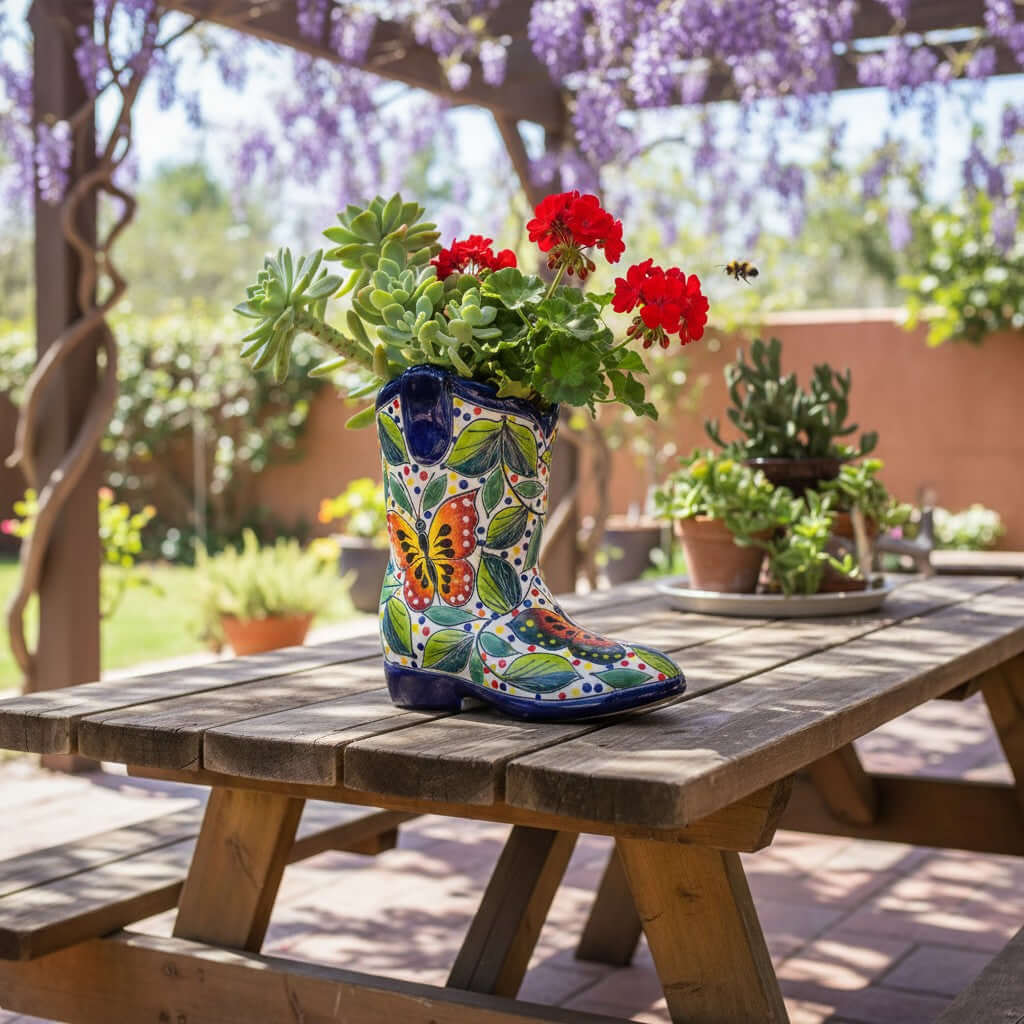 Small Hand-Painted Talavera Mexican Boot Flower Pot | Talavera Planter, view 4