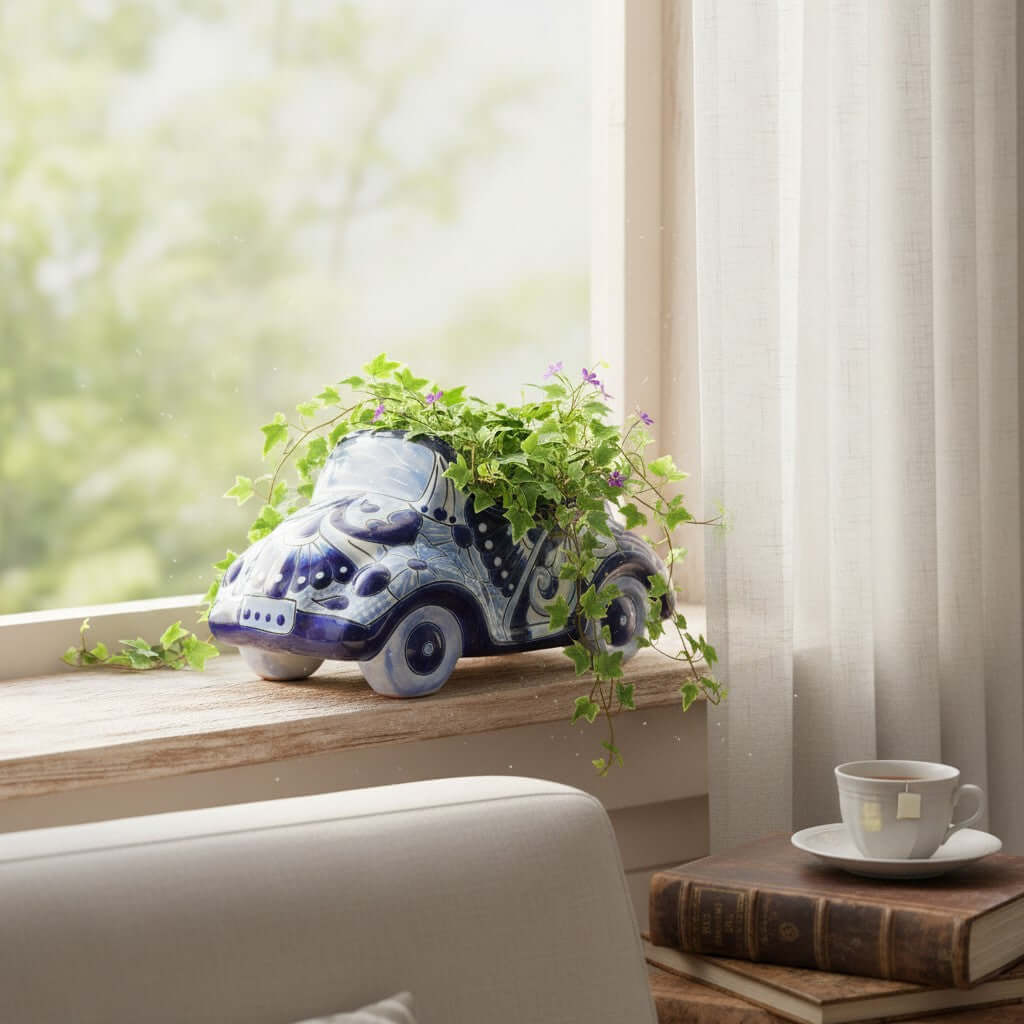 Small Talavera Car Planter | Blue & White Handmade Ceramic Pot, view 2