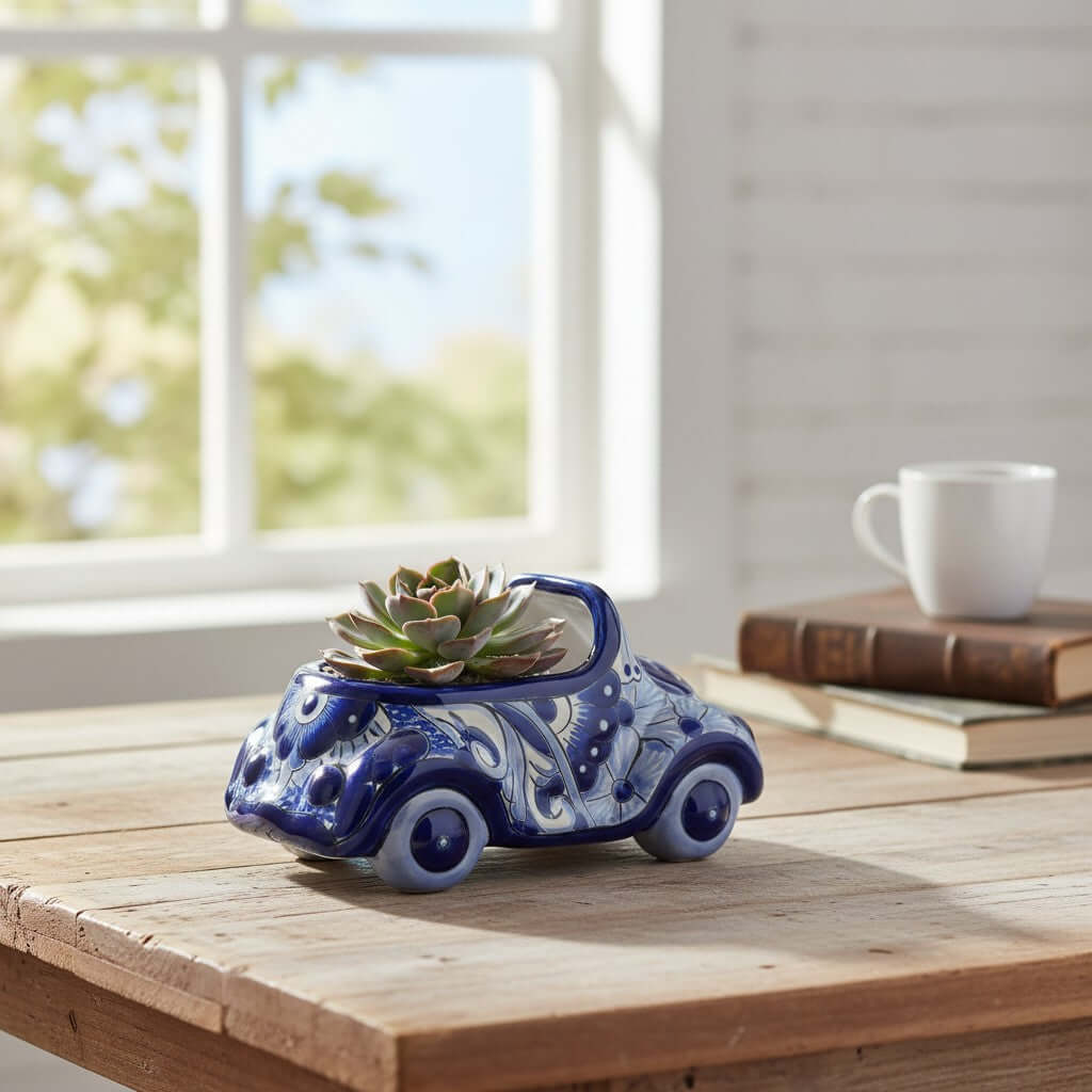 Small Talavera Car Planter | Blue & White Handmade Ceramic Pot, view 3