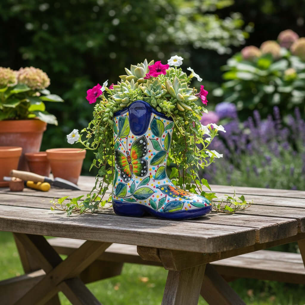 Small Hand-Painted Talavera Mexican Boot Flower Pot | Talavera Planter, view 2