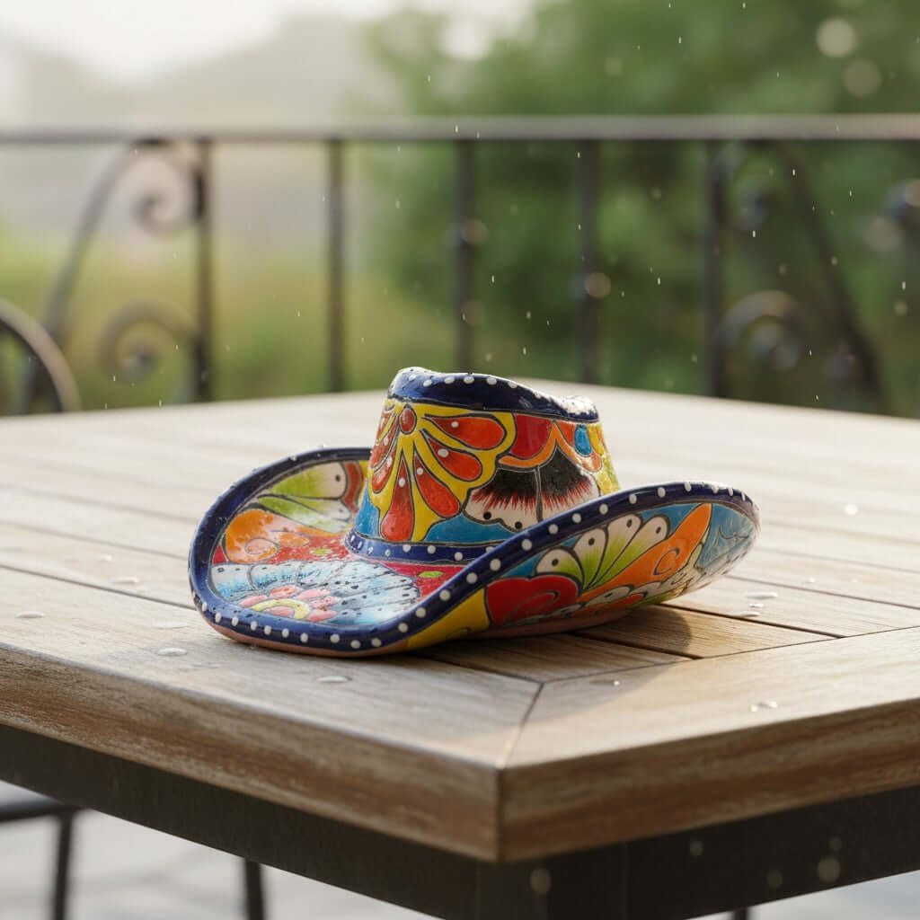 Small Talavera Sombrero Planter | Hand-Painted Cowboy Hat Decor, view 4
