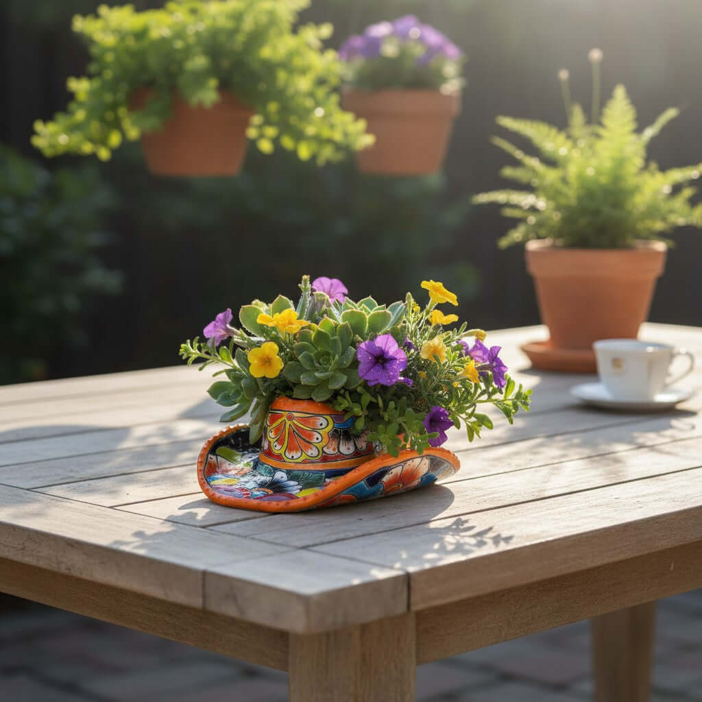 Small Talavera Sombrero Planter | Hand-Painted Cowboy Hat Decor, view 3