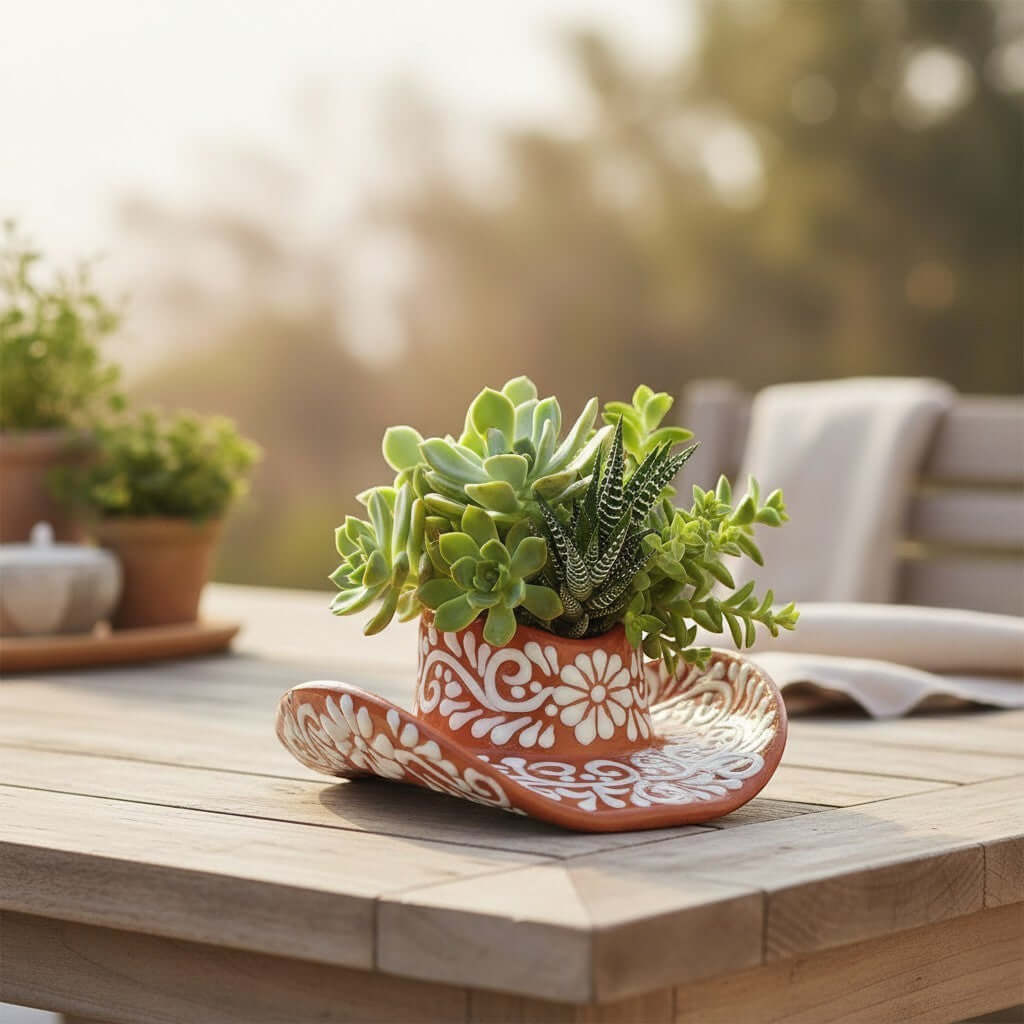 Talavera Sombrero Planter | Brown & White Floral Design, view 4
