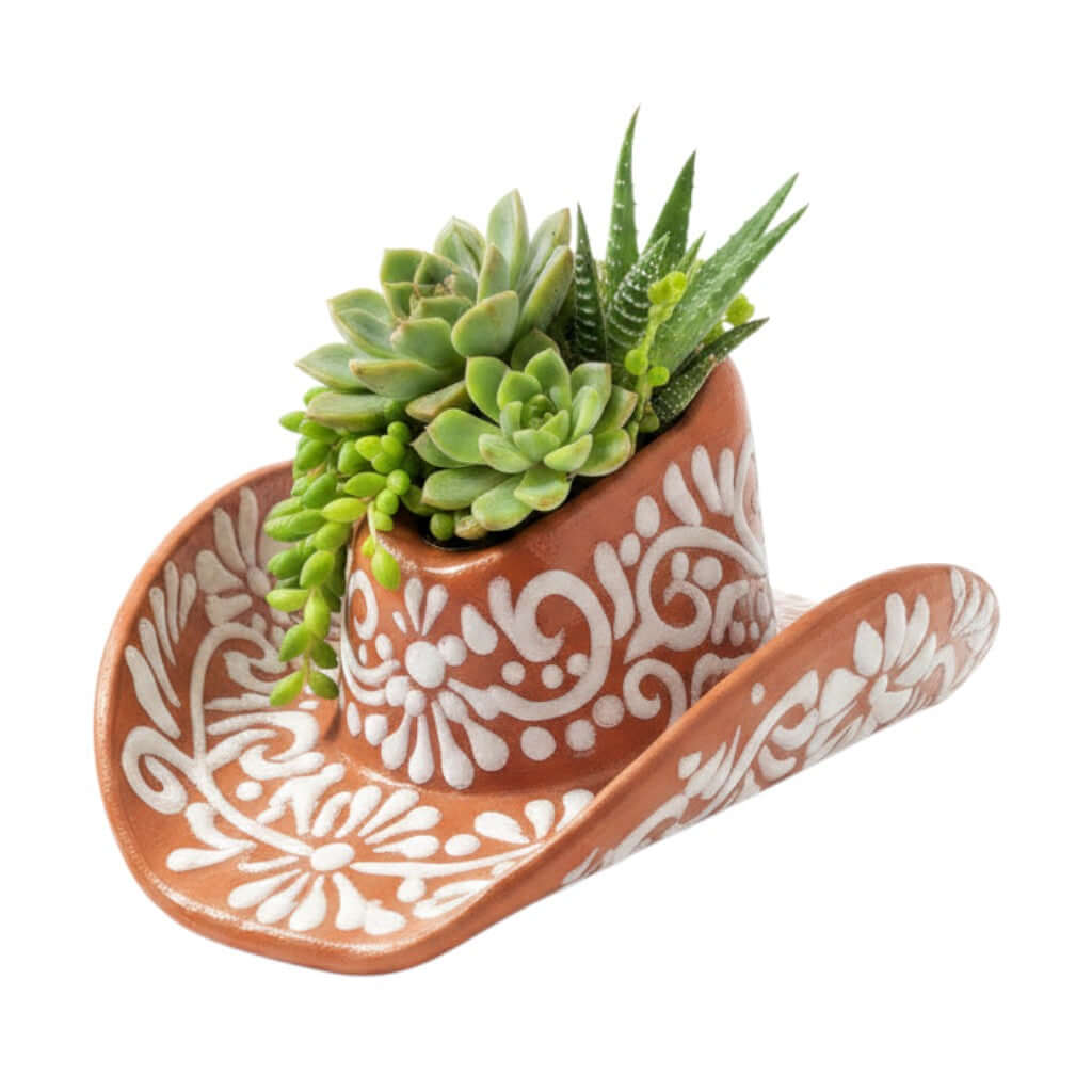 Talavera Sombrero Planter | Brown & White Floral Design, view 5
