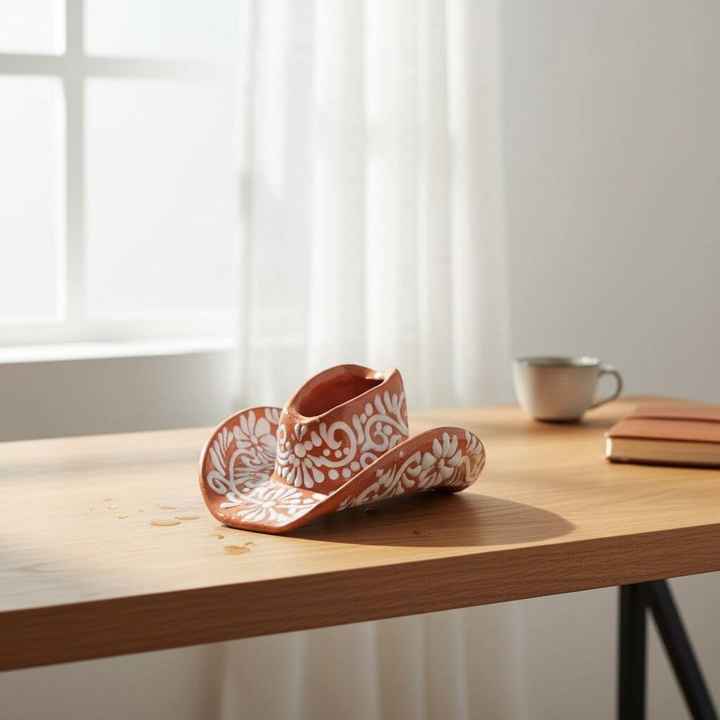 Talavera Sombrero Planter | Brown & White Floral Design, view 2