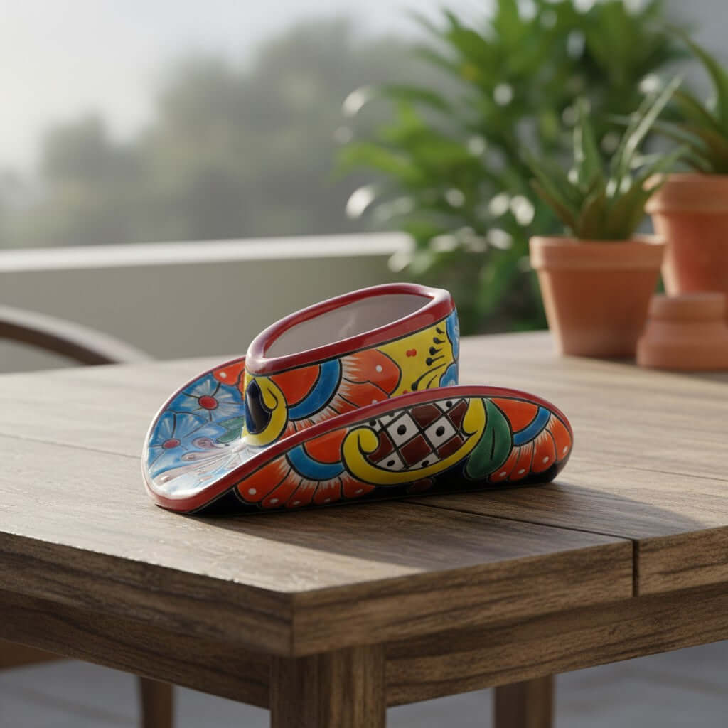 Small Talavera Sombrero Planter | Hand-Painted Cowboy Hat Decor, view 2