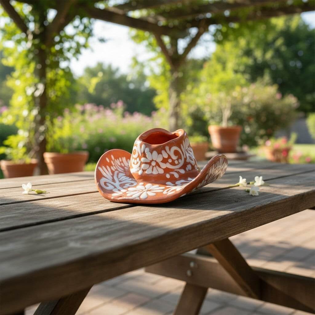 Talavera Sombrero Planter | Brown & White Floral Design, view 3