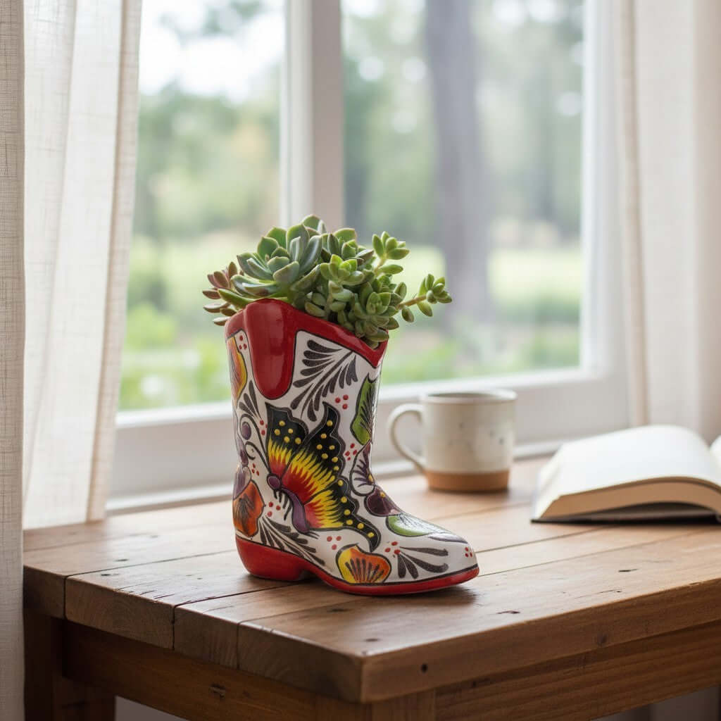 Small Hand-Painted Talavera Mexican Boot Flower Pot | Talavera Planter, view 3