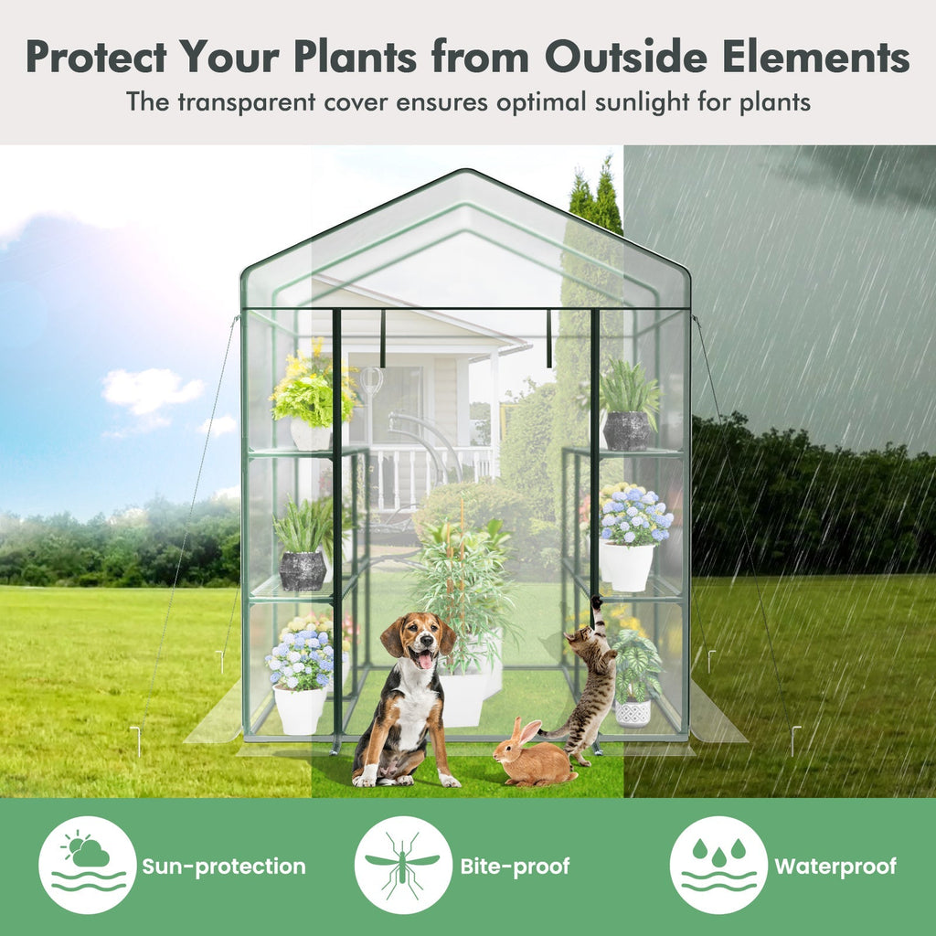 Walk-in Greenhouse with 3 Tiers 8 Shelves PVC Cover Roll-up Zippered Door, view 6