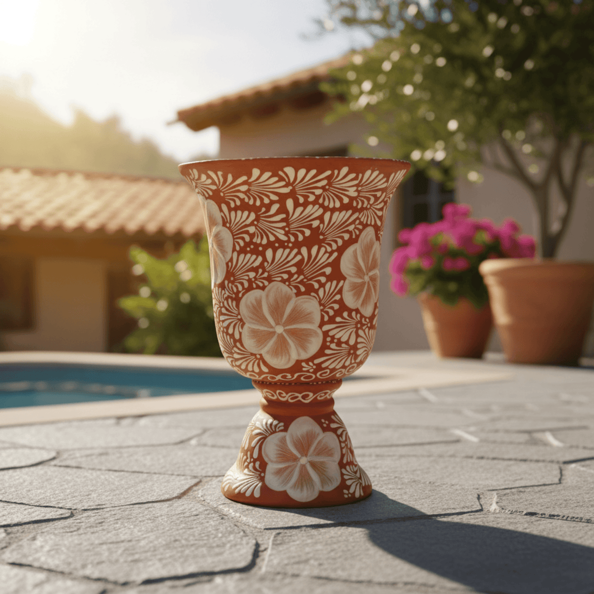 XL Brown & White Talavera Pedestal Planter | Handmade Flower Pot, view 2