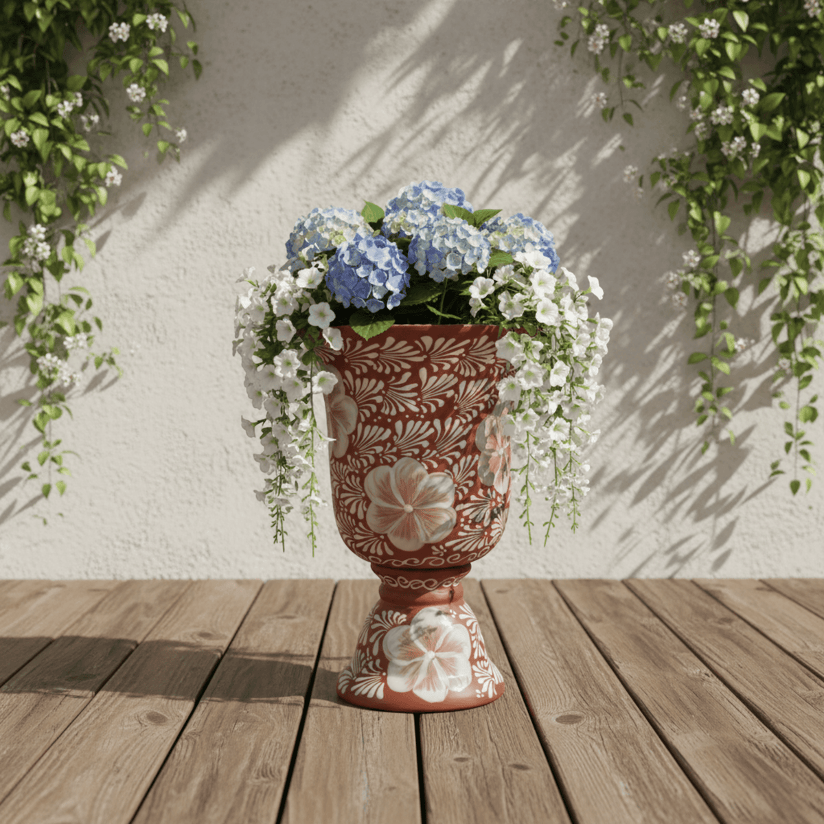 XL Brown & White Talavera Pedestal Planter | Handmade Flower Pot, view 4