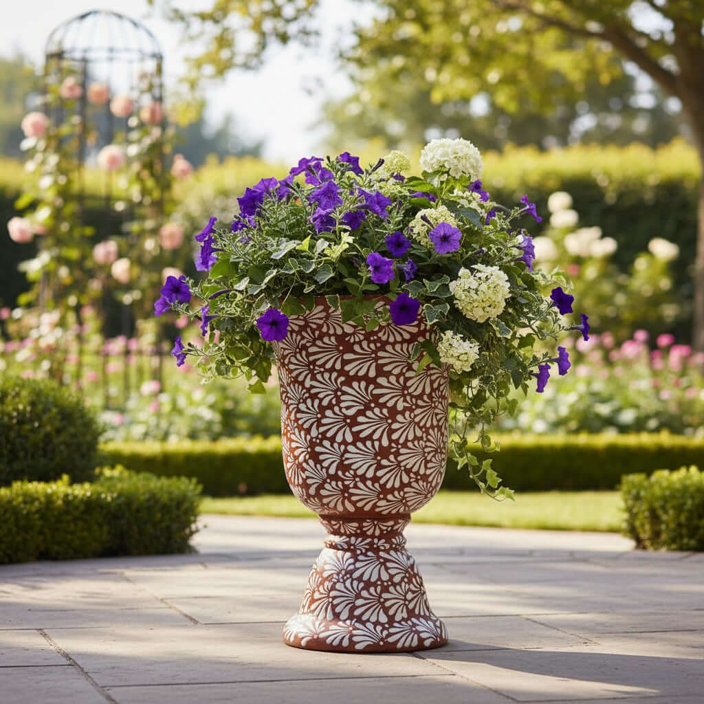 XL Brown & White Talavera Pedestal Planter | Handmade Flower Pot, view 5