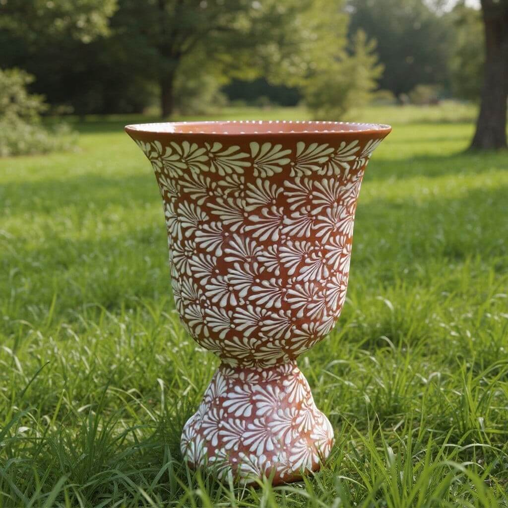 XL Brown & White Talavera Pedestal Planter | Handmade Flower Pot, view 3