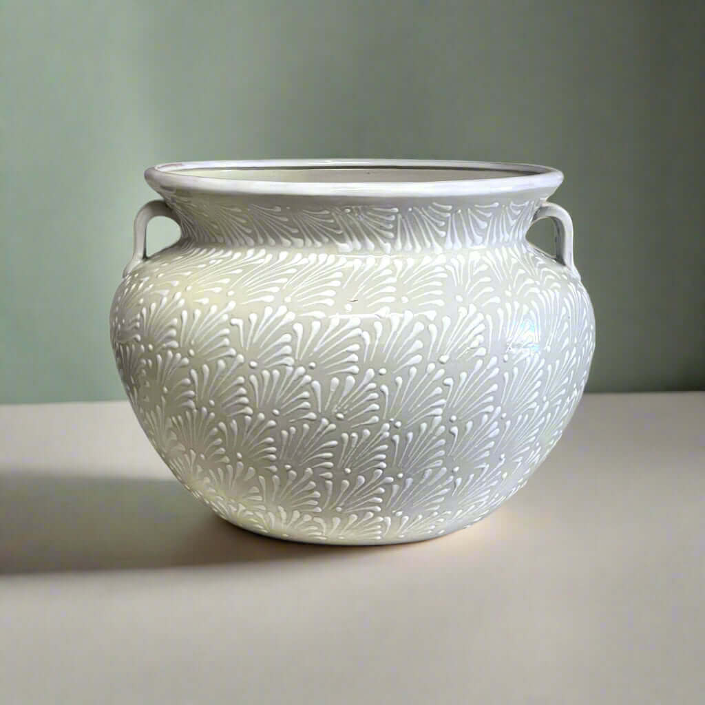 Extra Large Talavera Flower Pot | White Handmade Mexican Planter, view 2